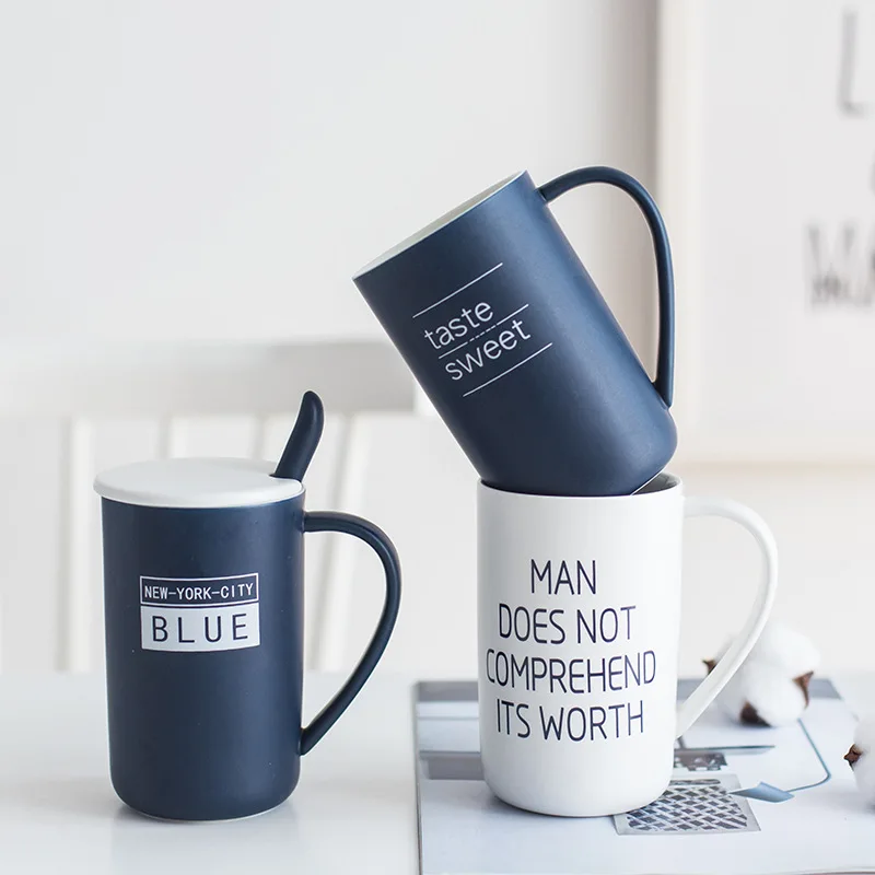cheap Creative Large capacity mug with lid spoon,office coffee cup, simple Nordic ceramic cup Hand Ceramic Cup Drinkware gift 450ml