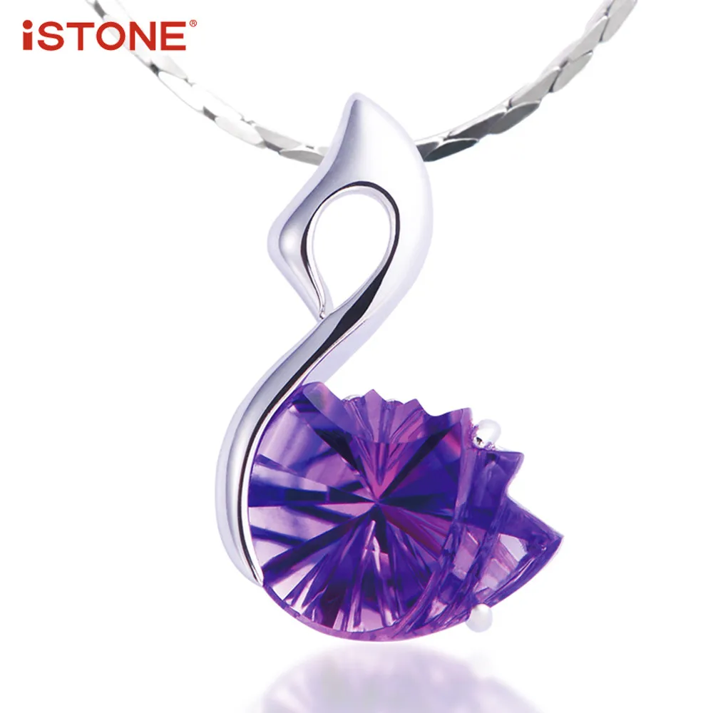 

iSTONE Amethyst Swan Shape Pendant Necklaces With 925 Sterling Silver Necklace 100% Natural Gemstone Fine Jewelry Gift for Women