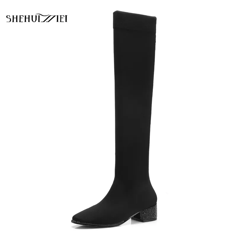 SHEHUIMEI Brand 2018 Square Toe Thick Med Heels High Street Fashion Sexy Lady Streetwear Classic Sock Stretch Thigh Boots | Обувь
