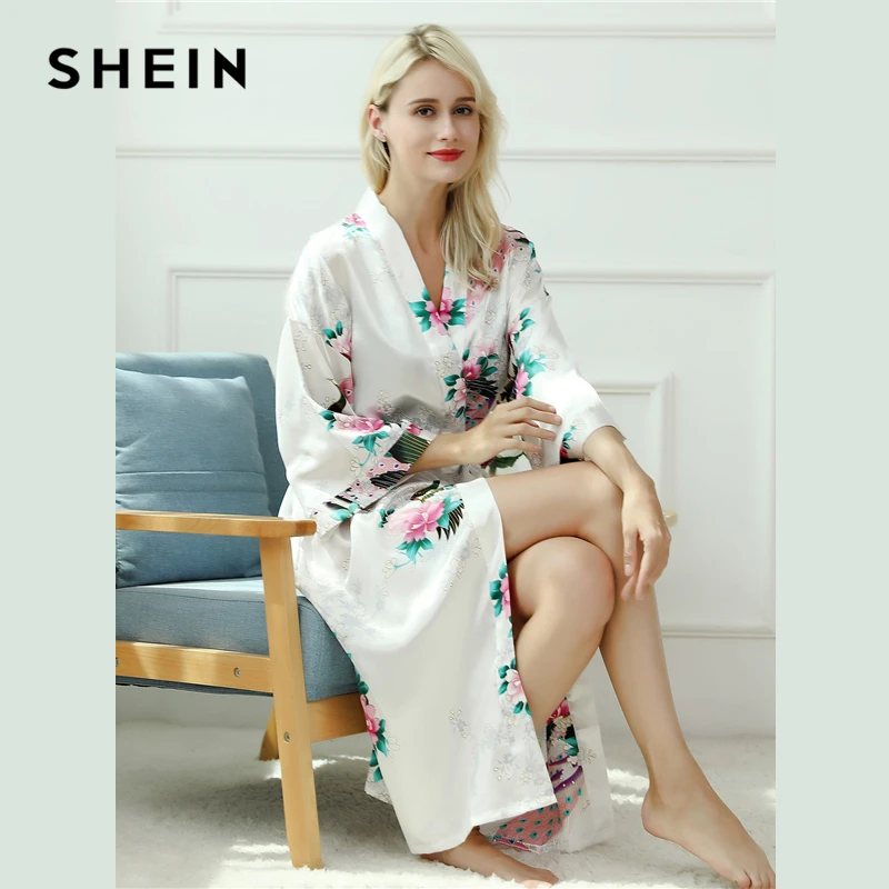 SHEIN Атласный Халат С Экзотическим Цветочным Принтом, Домашняя Женская Одежда