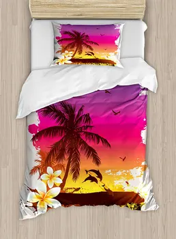 

Luau Duvet Cover Set Tropical Sunset in Retro Watercolor Style Palm Trees on the Beach Image Decorative 4 Piece Bedding Set