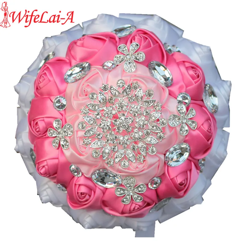 

Pink Silk Bow Wedding Bouquet Stunning Crystal Bridal Brooch Bridesmaid Bouquet Artificial Flower Stitch Bride Bouquets W236