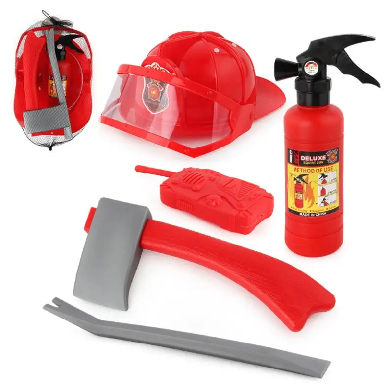 

Good Quality 5Pcs Children Firefighter Fireman Cosplay Toys Kit Helmet Fire Extinguisher Intercom Axe Wrench Best Gifts for Kids