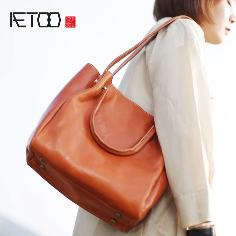 

BJYL Large-capacity first layer cowhide tote bag leather large-capacity shoulder Messenger bag art retro handmade leather