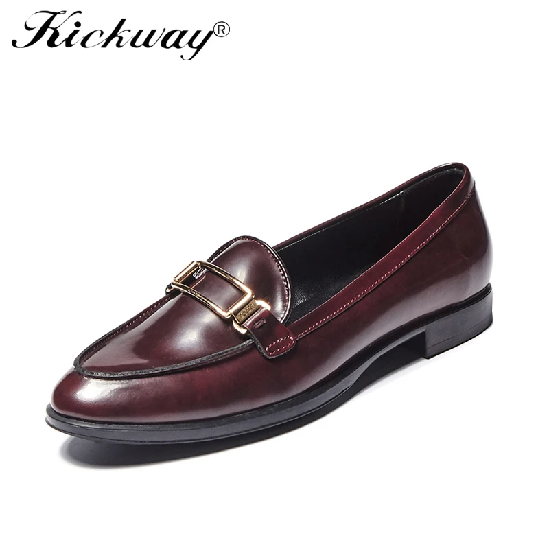 

Women brogues vintage black oxford shoes for women genuine leather women flats round toe metal decoration slip on shoes ladies