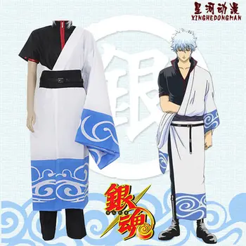 

Anime Gintama Cosplay Silver Soul Sakata Gintoki Costume Casual Unisex Long Sleeve customes S-XXL TOP+PANTS+CLOAK+Wig+belt