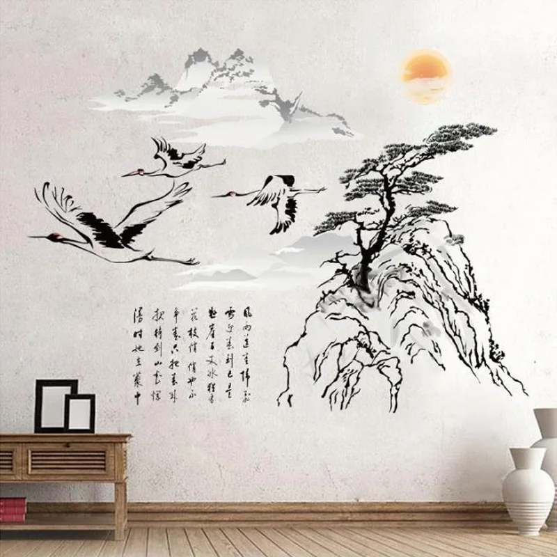 Китайский стиль горное дерево настенные наклейки с птицами наклейки s винтажные Ретро плакаты гостиная домашний декор настенные наклейки s обои