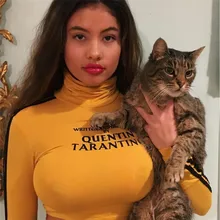 Spring Long Sleeve Crop Top Tshirt Women Sexy Yellow Turtleneck Letter Print T shirt Short Woman Tshirt Top Feminino yellow letter print crew neck top