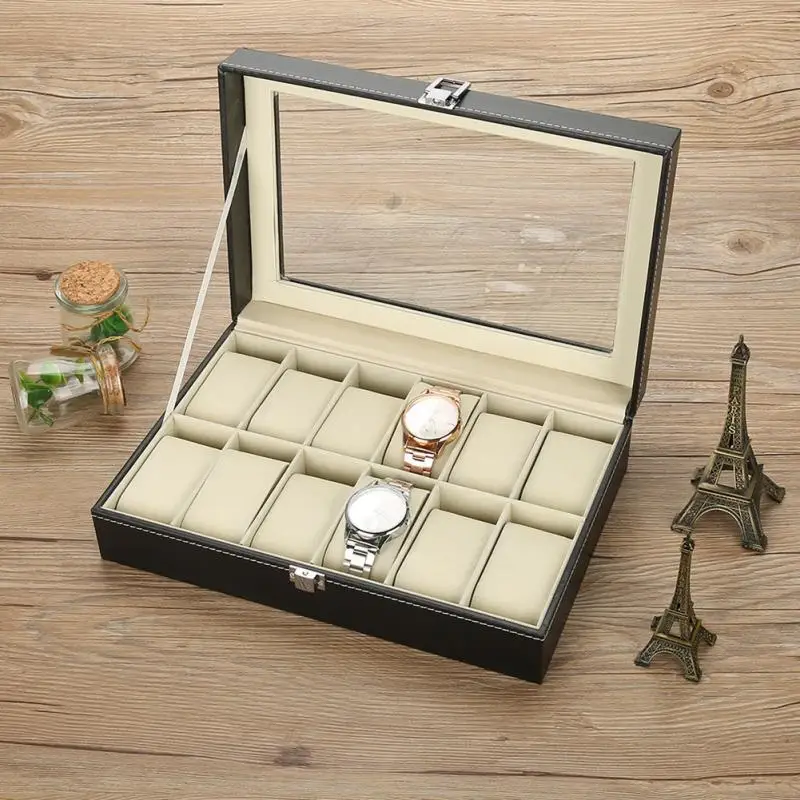 

New 12 Slots Grid PU Leather Wrist Watch Display Box Storage Holder Organizer Watch Gift Case Bracelet Jewelry Dispay Watch Box