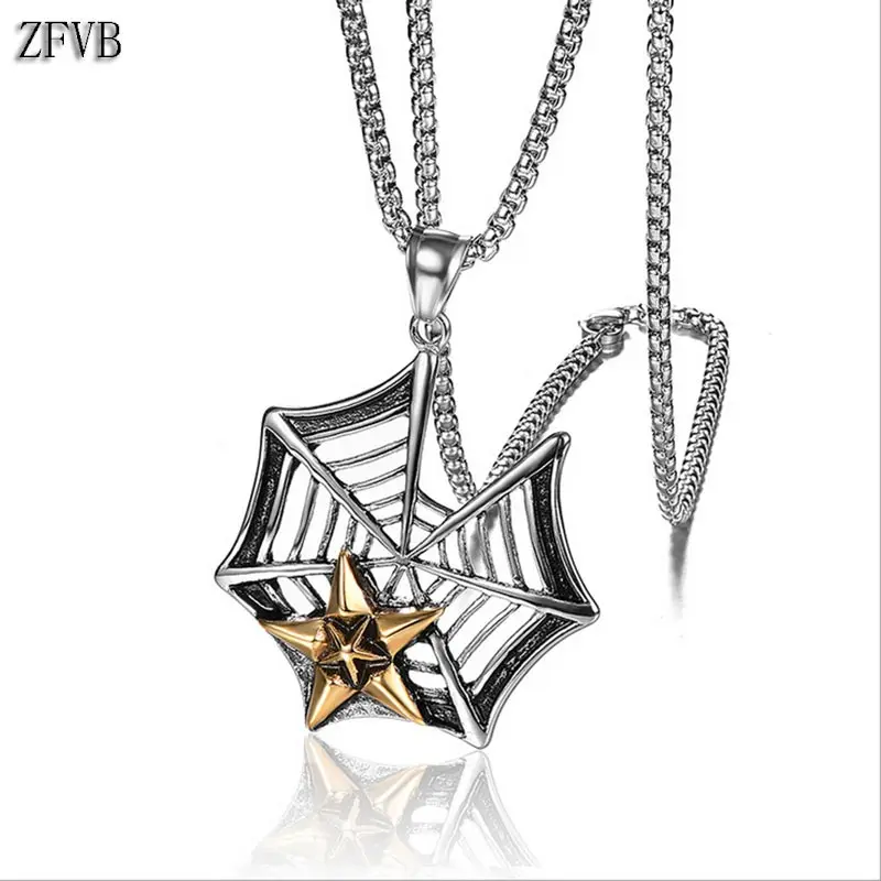 

ZFVB Vintage Spider Web Necklace Men Chain Stainless Steel Box Chain Gold color Five-Pointed Star Pendant Necklaces Jewelry Gift