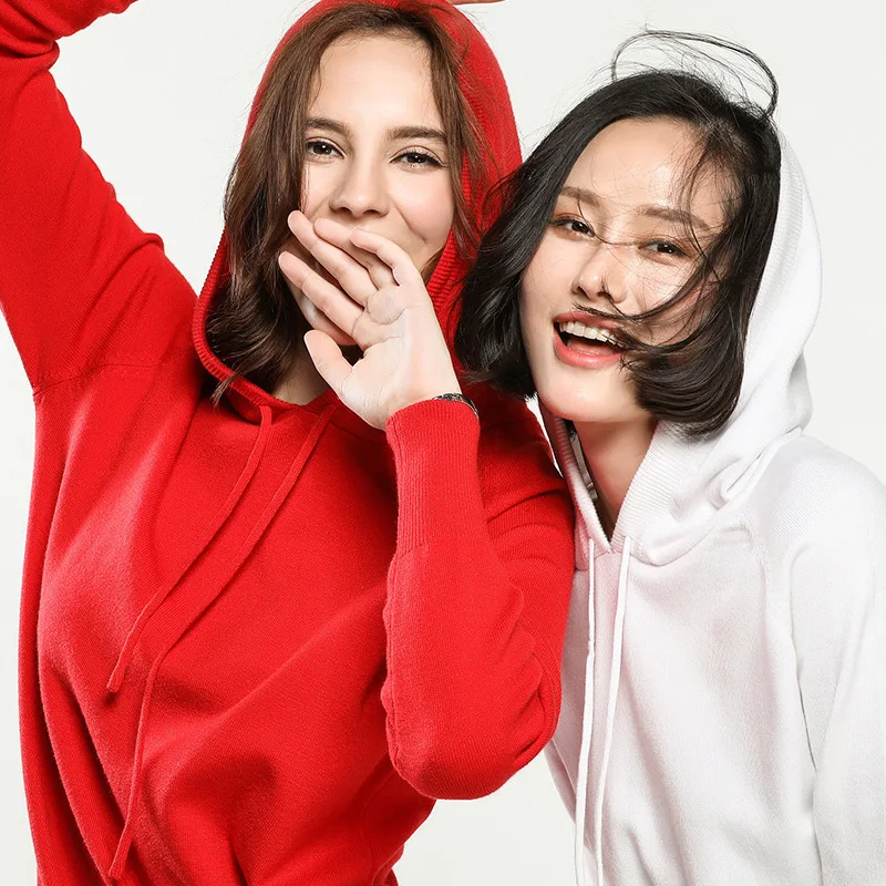 Women's Hooded Sweater Cashmere Blended Loose Sweater Solid Color Student Knitted Casual Tops Pink Color Pullover Sweaters