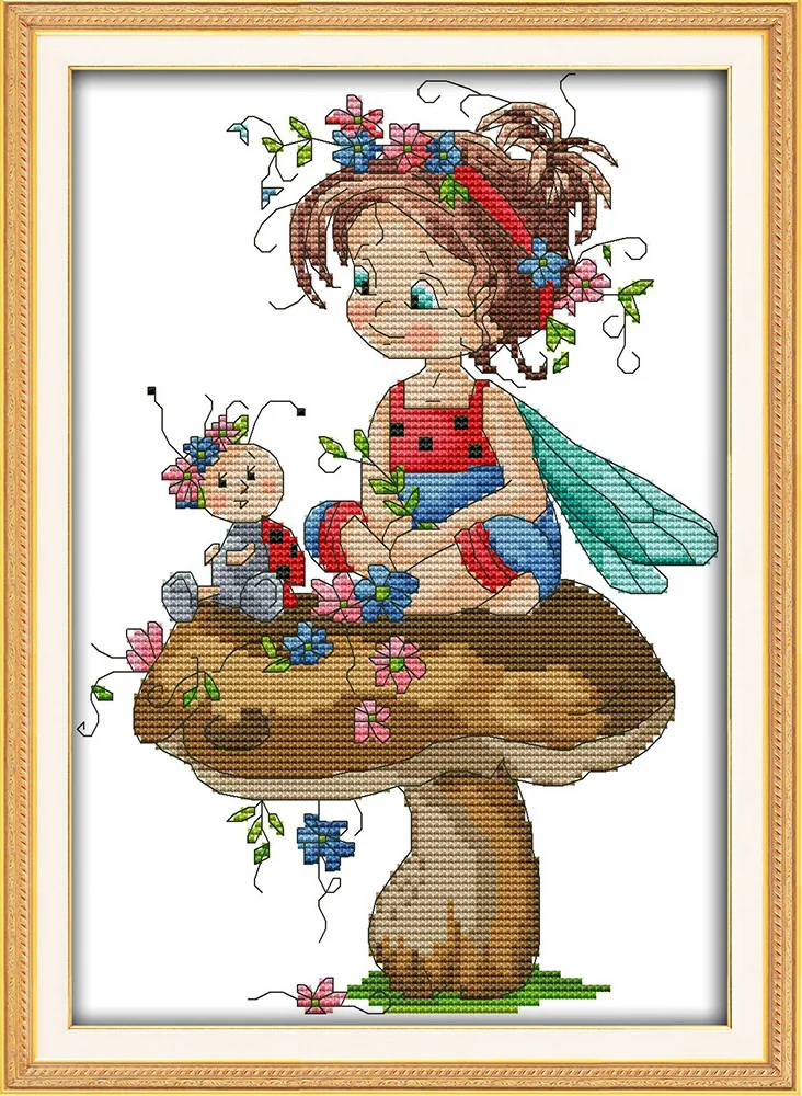 

Girl sevenspotted ladybug counted printed on fabric DMC 14CT 11CT Cross Stitch kits,embroidery needlework Sets,snow Home Decor