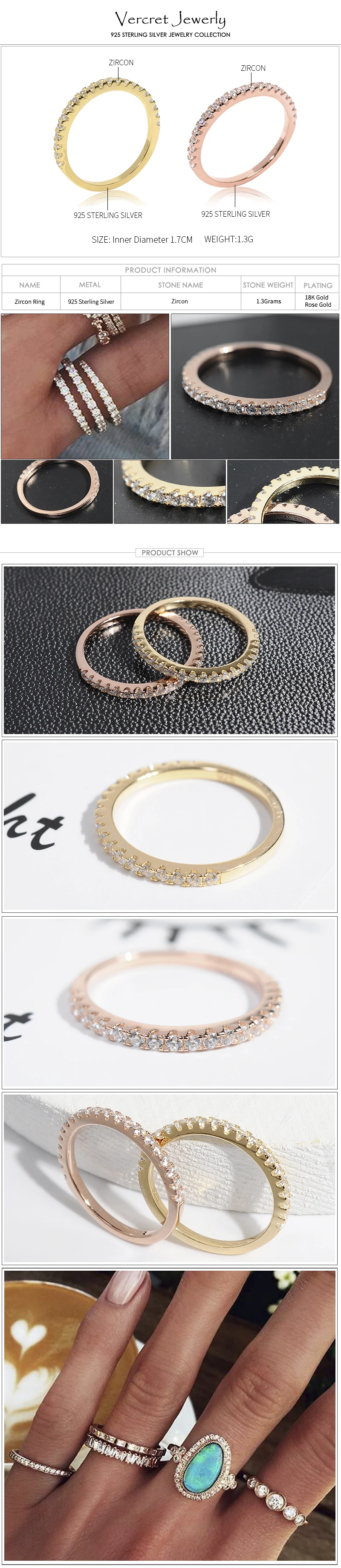Vercret Стерлинговое серебряное кольцо из циркона для женщин розовое золото кольцо ювелирные изделия подарок