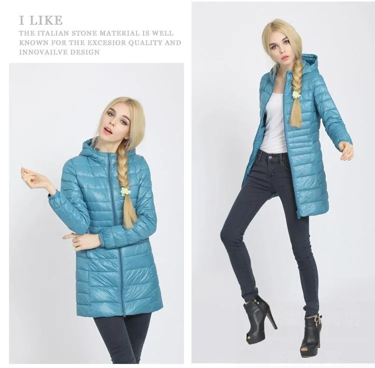 Украина новая распродажа застежка-молния 90% евро-звезды тонкий Стиль зимнее пальто Для женщин, тонкое, с подкладкой, с капюшоном, Парка на пуху длинная куртка, элегантная верхняя одежда