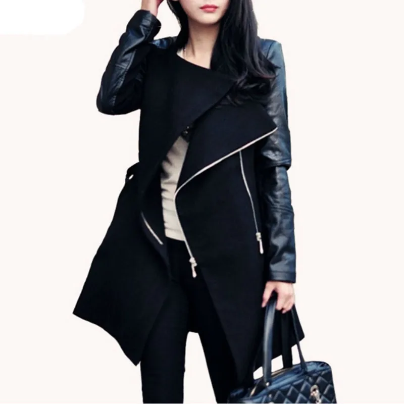 

XUXI 2019 Autumn Winter Women's Wool Coat Women Winter Jacket Pu Leather Long Sleeve Coat Wool Jacket Chaqueta Mujer Coats FZ282