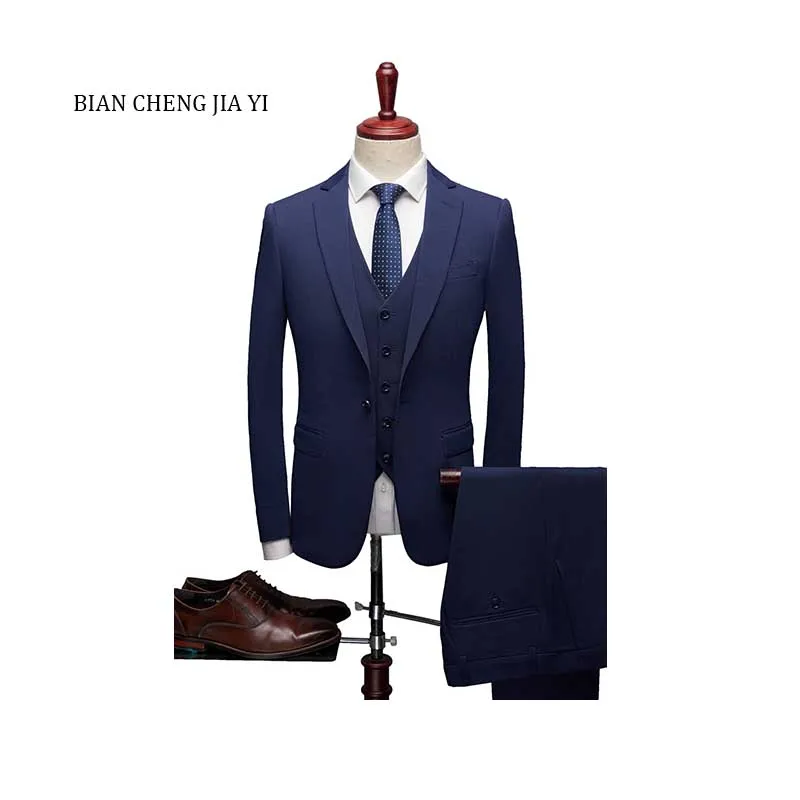 

Navy High quality Mens Wedding suits One button Formal Suits 3 Pieces Wedding Groom Tuxedos Prom Slim Fit suits Single-breasted