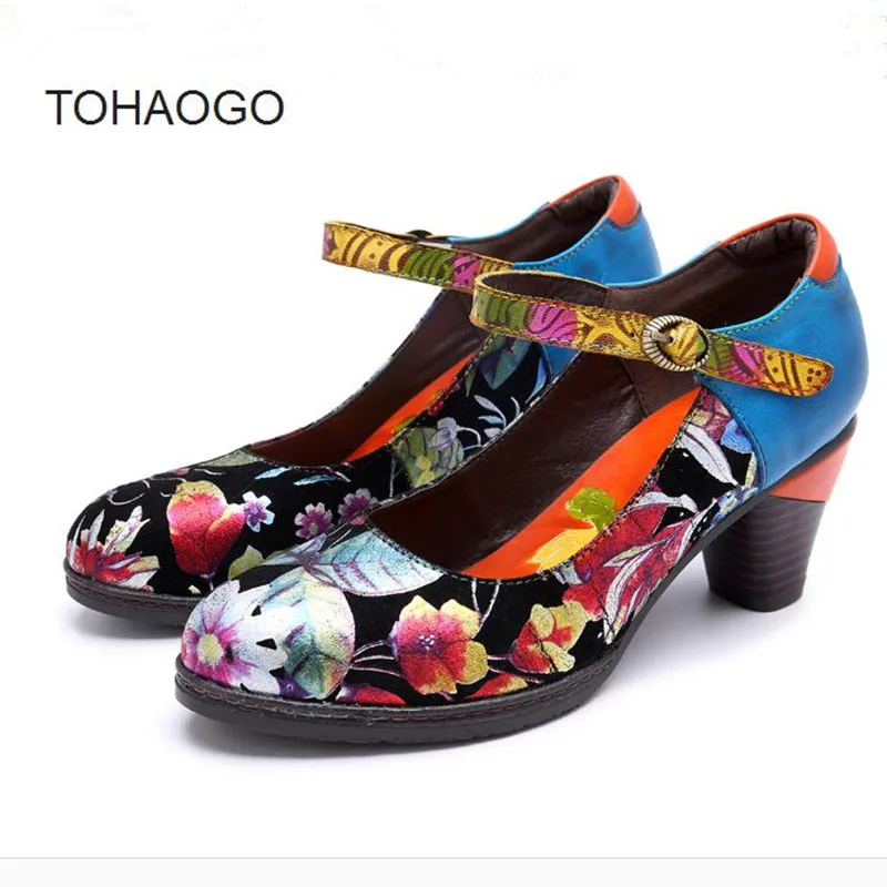 

New Bohemian leather handmade shoes large size high heel printed soft bottom Mary Jane shoes Heels Women's shoes pumps obuv