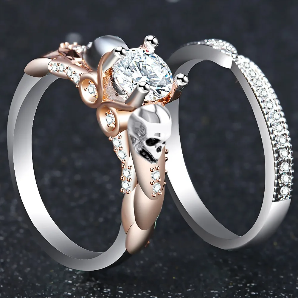

ERLUER Silver Classic Double-deck Gothic Skull Style Engagement Colour Crystal Zircon Rings For Women Trendy Jewelry Gift Ring