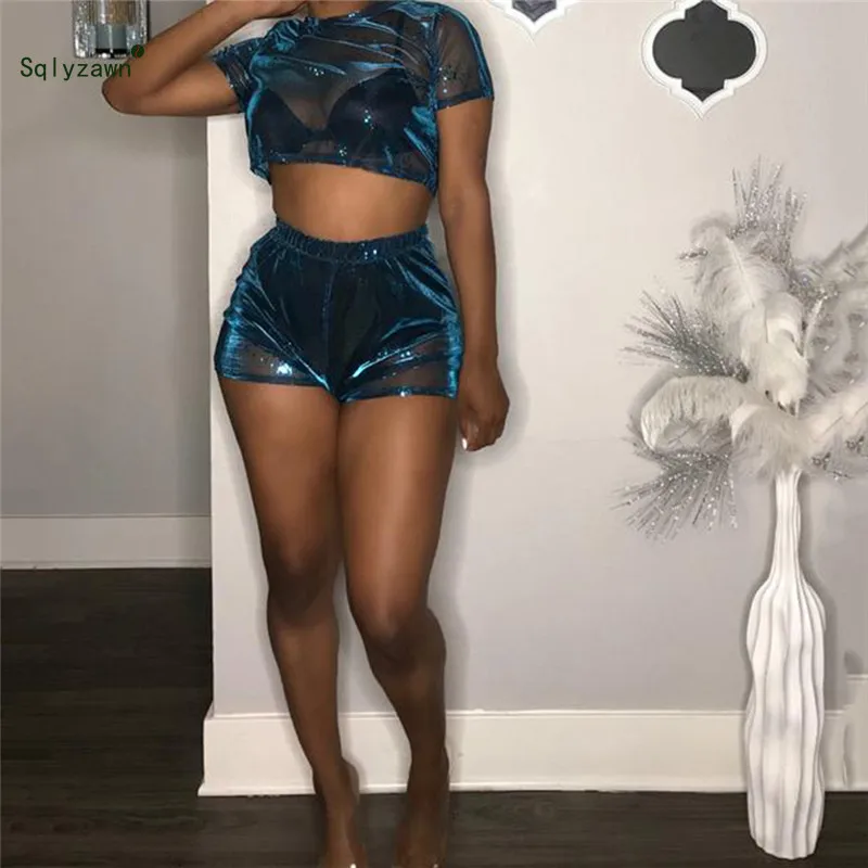 

Sexy Women Transparent Mesh Magic Bright Silk Two Piece Shorts Set Summer Short Sleeve Rompers Streetwear Glitter Sliver Outfit