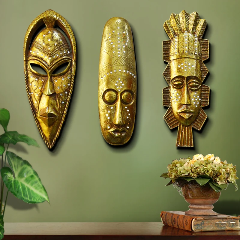 

Peculiar Household Decorations Africa Modern Abstract Golden Resin Character Mask Hanging Head Portrait Sculpture Wall Hanging