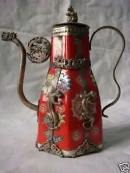 

Pretty Tibetan Porcelain Tibet Silver Butterfly TeaPot Garden Decoration 100% real Tibetan Silver Brass