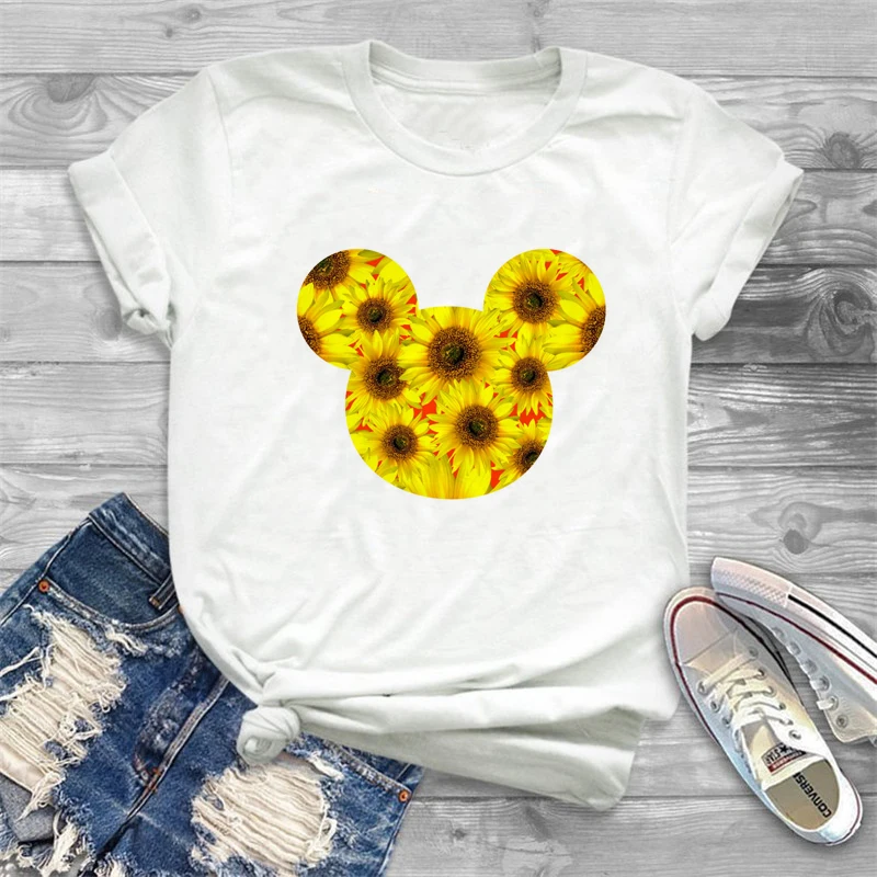 

Harajuku T Shirt Women Camiseta Mujer New Tops Flower Mickey Vintage Graphic Tees Streetwear Femme Minnie Ears Flowers Tops