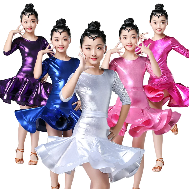 

Girls Half Sleeve Latin Dance Skirt Flash Fabric Competition Performance Clothing for Children Modern Dance Costumes Stage Wear
