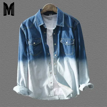 

2019 New Summer Men's 100%Cotton Shirt Man Brand Long Sleeve Gradient Blue Shirts Male Casual Clothing Y1723