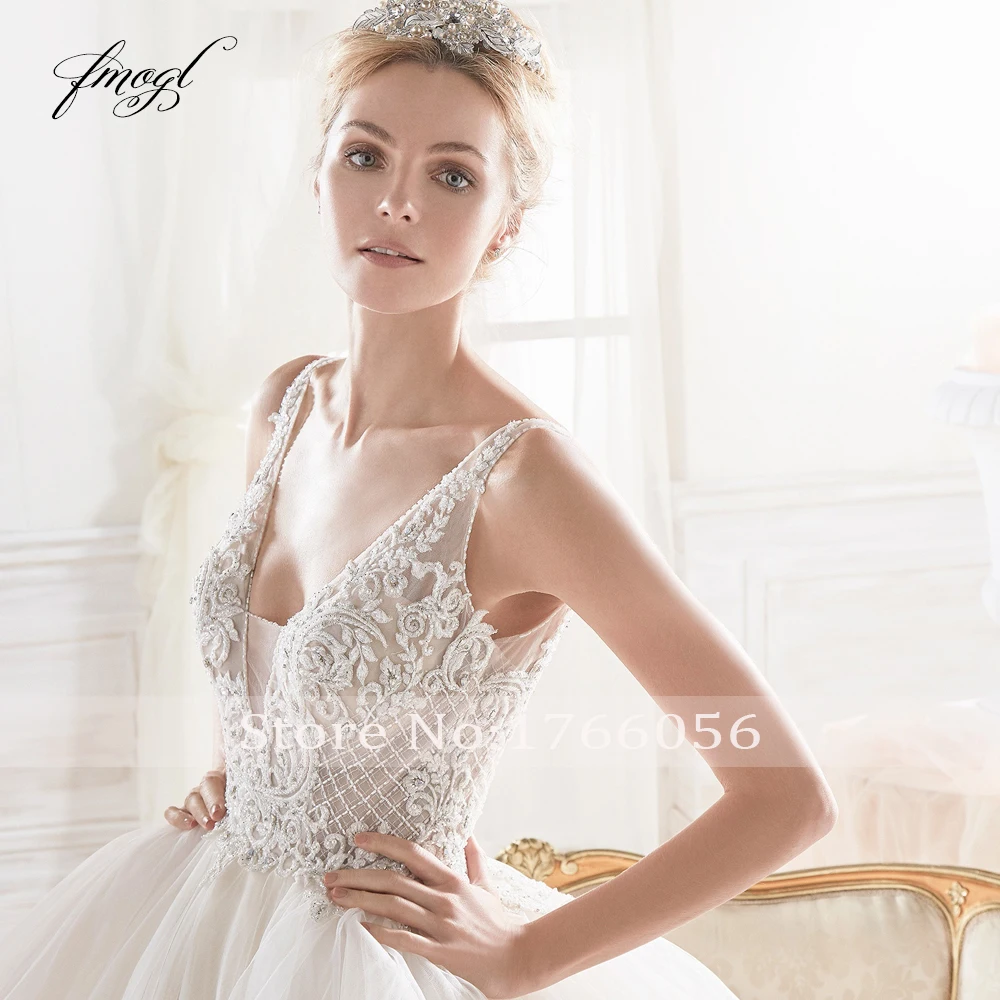 Fmogl Vestido De Noiva сексуальное свадебное платье трапециевидной формы с открытой спиной v-образный вырез на тонких бретельках с аппликацией из бисера и оборками платье невесты
