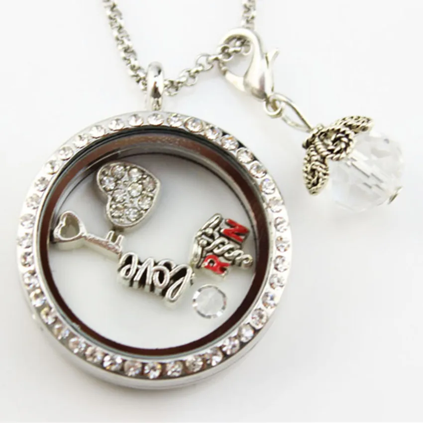 30MM round alloy floating locket necklace with rhinestone with