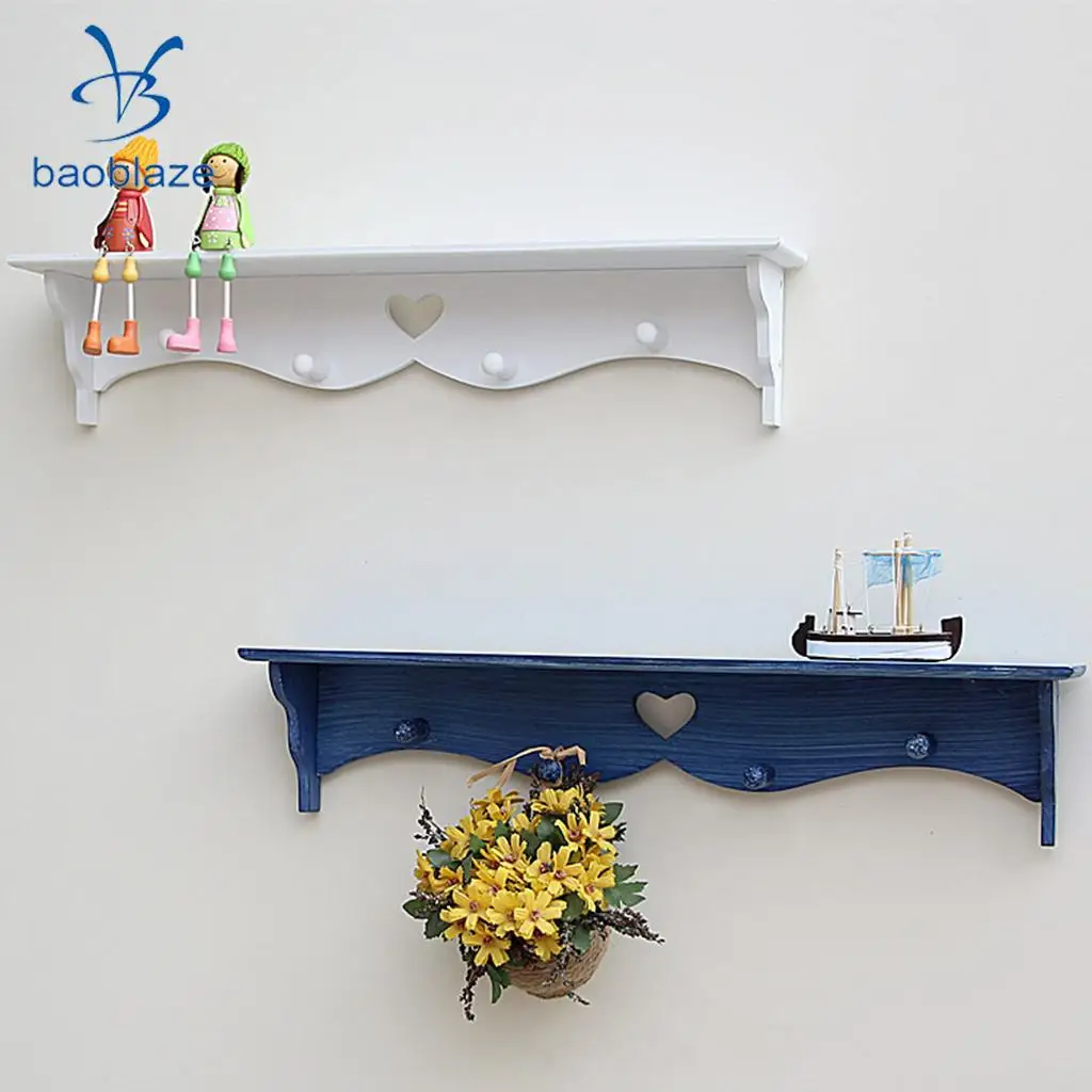 

Floating Wall Display Shelf Bookshelf Storage With 4 Hanging Coat Hook Heart Shape White/Blue