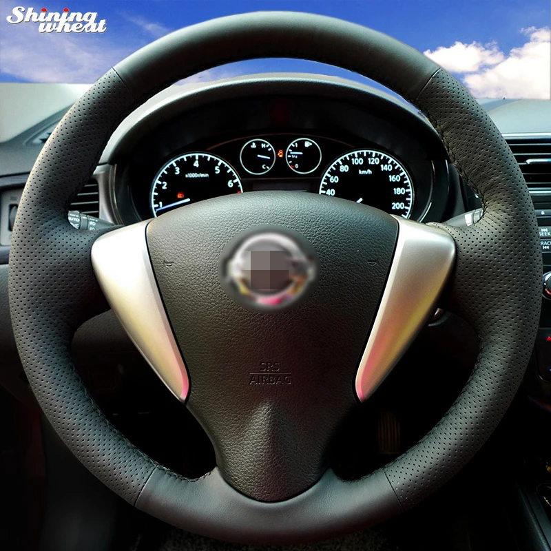 Shining wheat Hand stitched Black Leather Steering Wheel Cover for Nissan Tiida Sylphy Sentra 2014 Note