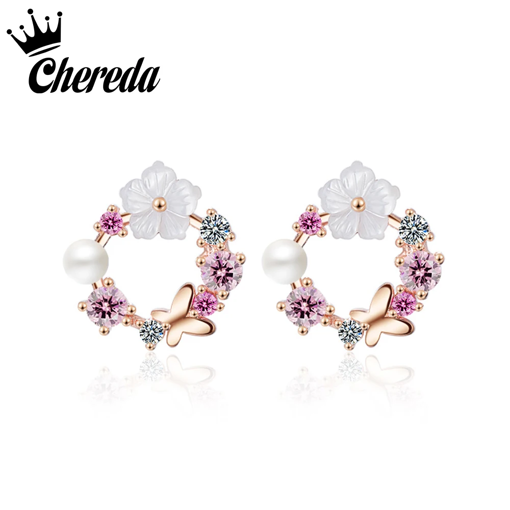 

Chereda New Charm Wreath Stud Earrings For Women Lady Hollow Flower Round Earring Fine Fashion Jewelry Party Accessories Gift