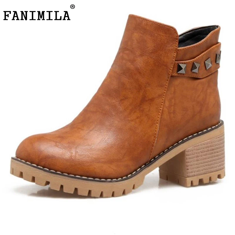 Fanimila Размеры 33-43 женские туфли на высоком каблуке Сапоги и ботинки для девочек Для женщин заклепки молния круглый носок толстый каблук