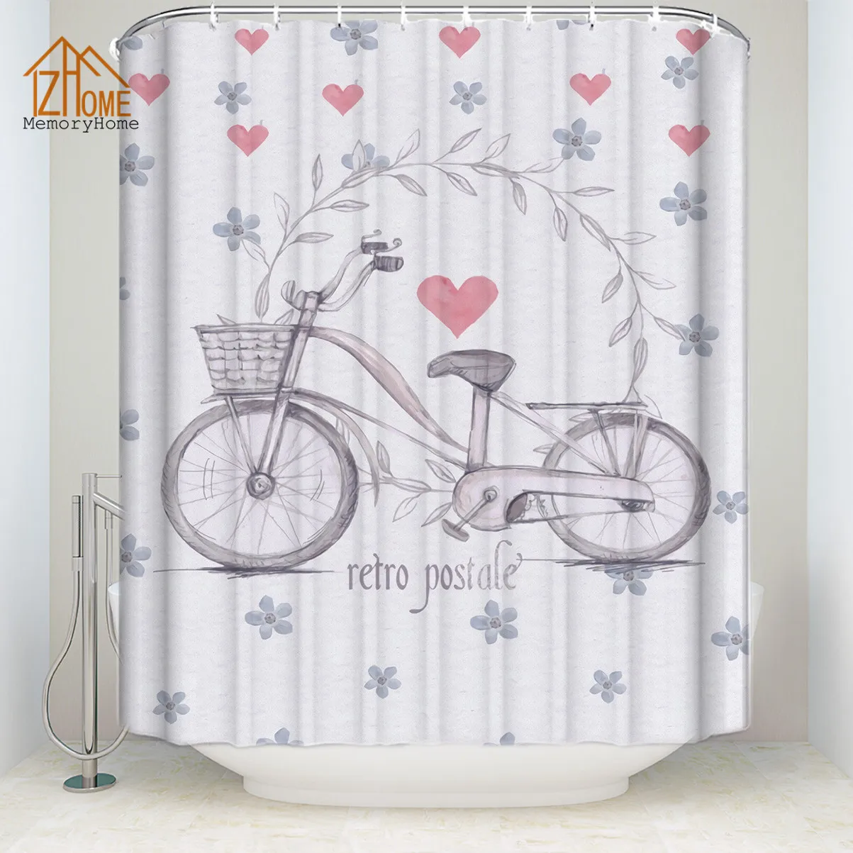 Memory Home Personalized Bicycle Print Bath Waterproof Polyester Fabric Shower Curtain Standard