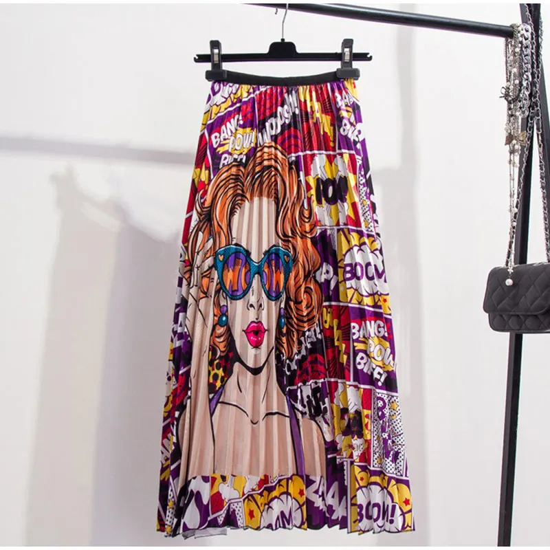 Женская модная плиссированная длинная юбка с принтом, высокая талия, трапециевидная эластичная Свободная юбка для женщин, один размер, летняя повседневная женская юбка