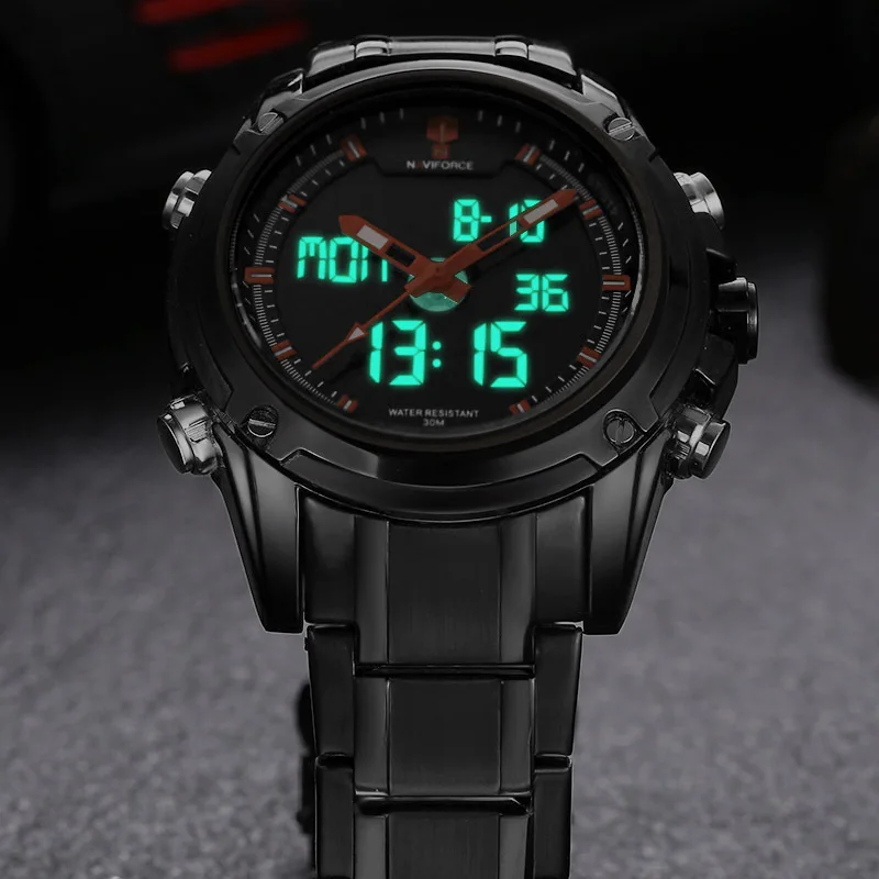 Часы мужчин naviforce Брендовые спортивные полный Сталь цифровой светодиодный часы