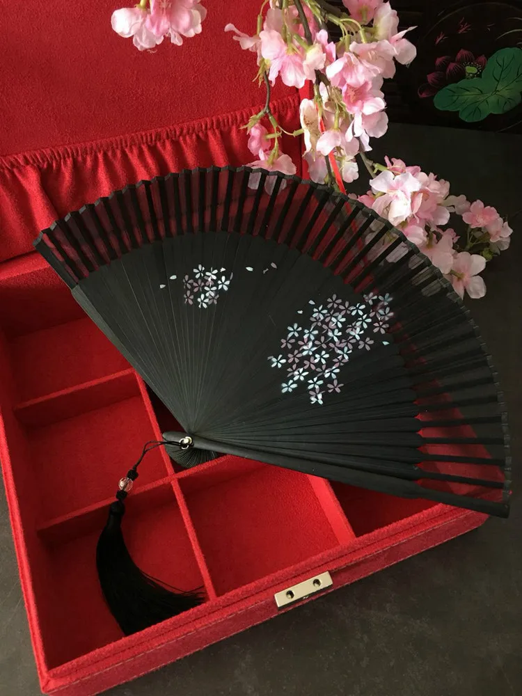 

1pc Japanese Style Ladies Folding Fan Bamboo Handle Real Silk Hand Fan Vintage Classical Mini Cats Cherry Blossom Fan