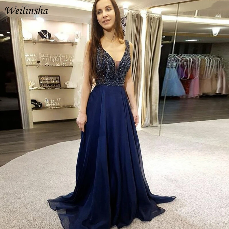 

Weilinsha Navy Delicate Beading Evening Dress Deep V-neck Sleeveless Backless Prom Gowns