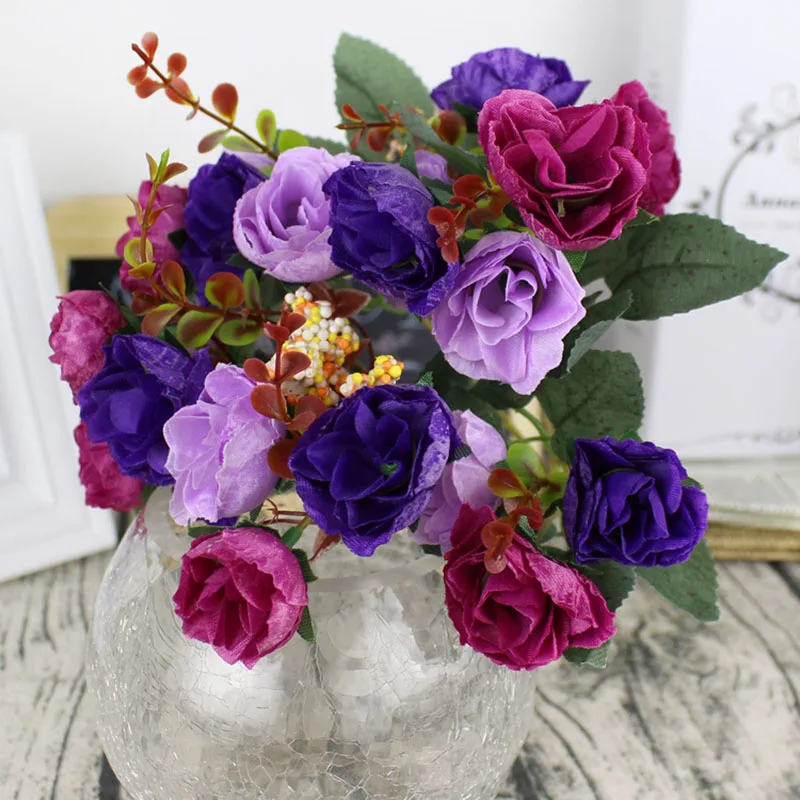 Flone Artificial Silk Rose Bouquet Fake Flowers Home Wedding Display Flower European Rose Small Bouquet Party Decoration (16)