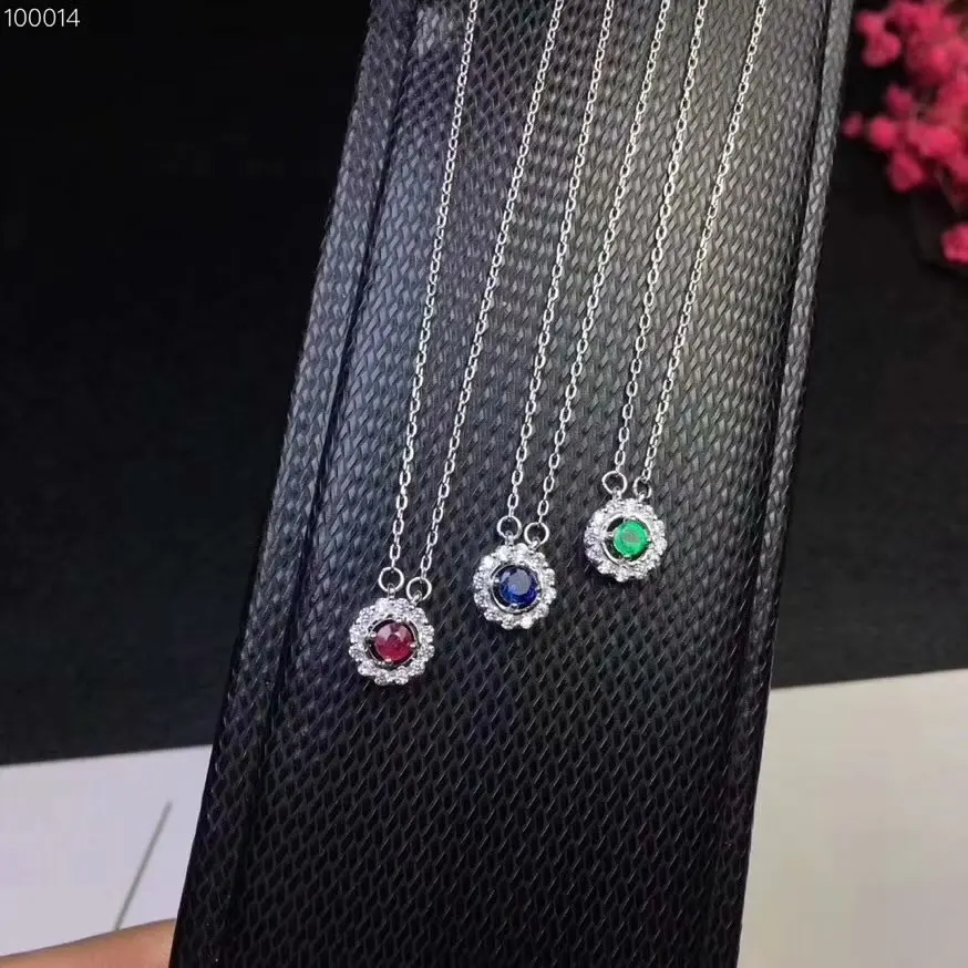 Модные маленькие круглые Натуральный ожерелье с голубым сапфиром с натуральным Рубином, изумрудное ожерелье с подвеской S925 серебро Нарядная, для девочек подарок ювелирные изделия