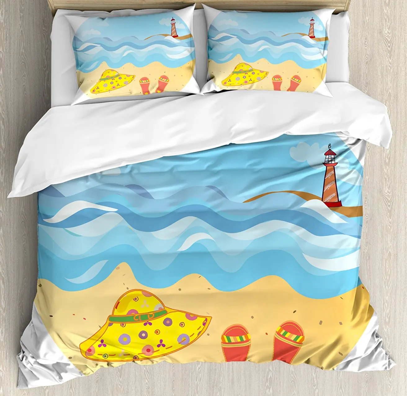 Lighthouse Duvet Cover Set Colorful Minimal Doodle Lighthouse Beach Sea