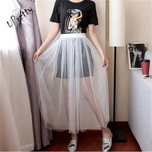 Весенне-летняя Женская эластичная плиссированная повседневная юбка с высокой талией, сексуальная элегантная прозрачная сетчатая кружевная юбка, черно-белая Тюлевая юбка 65