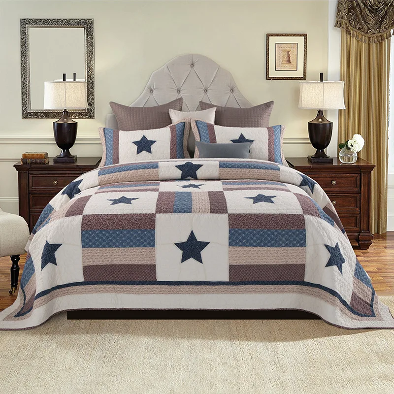 

Luxury Patchwork Bedspread Quilt Set Stars Printed 100% Cotton Quilted Bright Vibrant Colorful Bed cover 3PIeces Queen King size