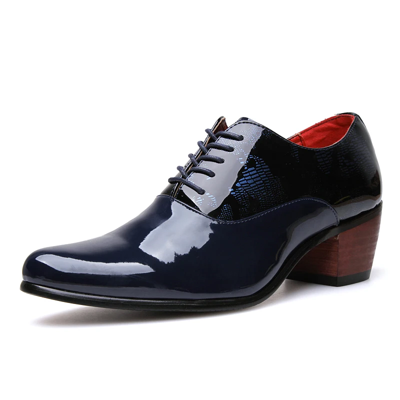 Высококачественные модельные туфли-оксфорды для мужчин; модные свадебные туфли на высоком каблуке с острым носком; мужские деловые туфли из лакированной кожи для вечеринок