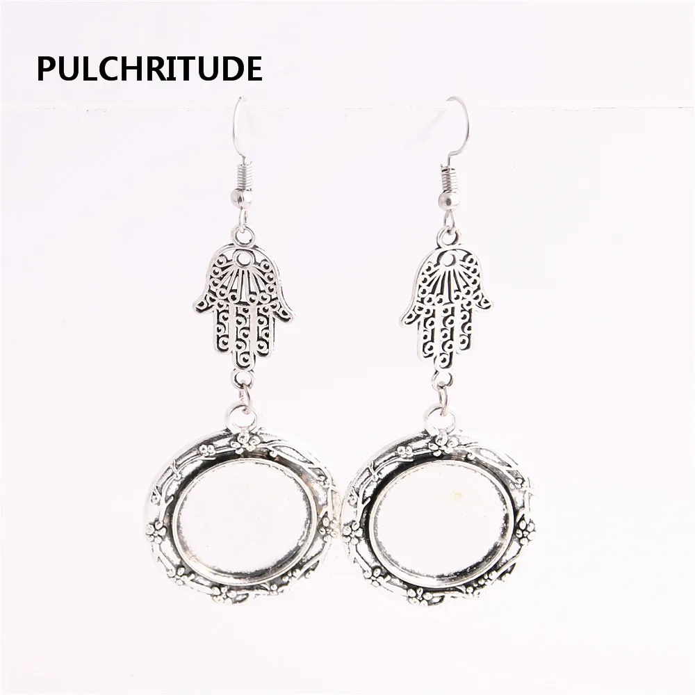 

PULCHRITUDE 6pcs/lot Metal Alloy Zinc Hamsa Hand Charm Fit round 20mm Cabochon Set Pendant Drop Earing Jewelry Making C0831