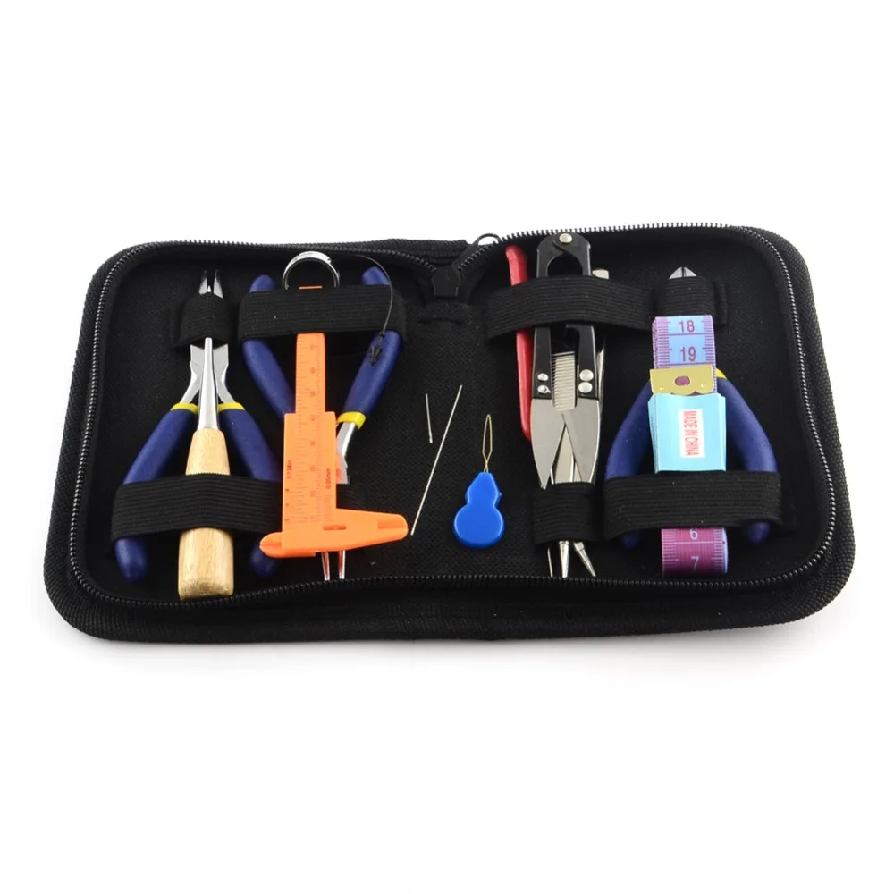 

14pcs DIY Jewelry Tools Set with Pliers, Scissor, Tweezers, Vernier Caliper, Tape Measure and Pins, Mixed Color, 155x115x35mm