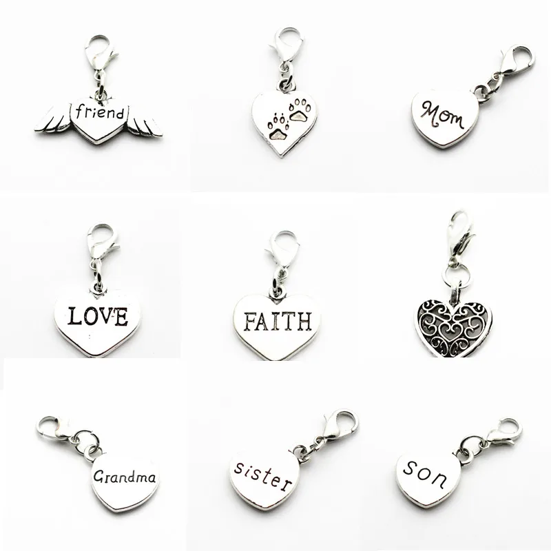 

Hot selling 12pcs/lot Silver Alloy heart son Falth Dangle Charms Lobster Clasp Hanging Charm fit Bracelet&Pendant Necklace