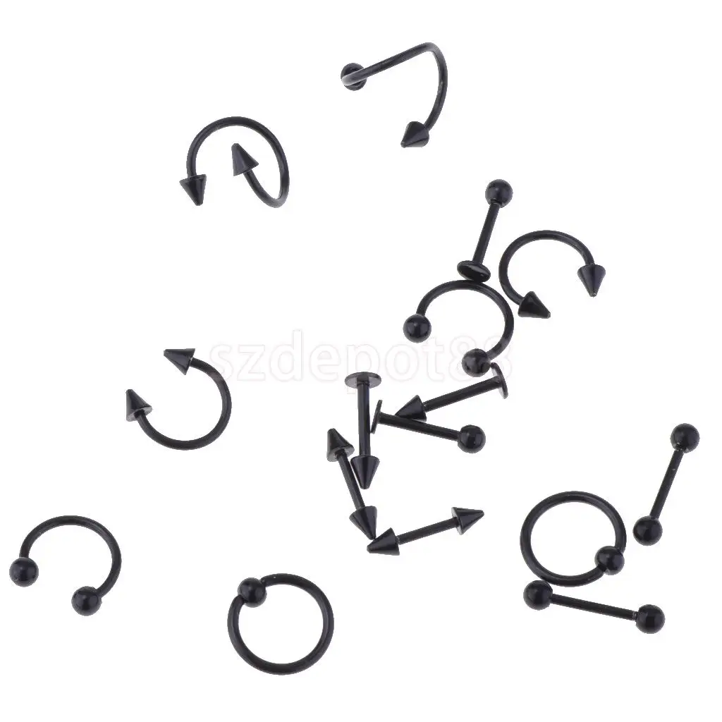 16 Pieces 16g Stainless Steel Assorted Eyebrow Ear Lip Navel Ring Body Piercing Kit