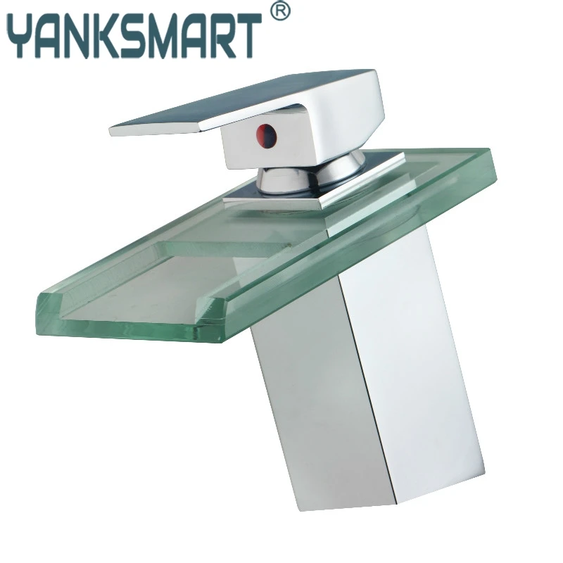 

Bathroom Faucet Polished Chrome Water-fall Brass Glass Bathroom Deck Mounted Basin Faucet Mixer Tap